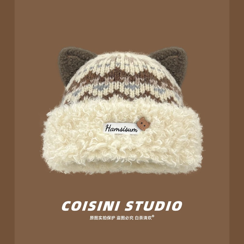 かわいい猫耳が付いた、フェア・アイル柄のジャカード織りの冬用 - Beanie Cuffed Knit のレビューと価格